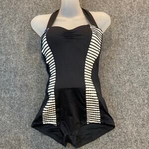 Seafolly Women 10 Retro 50s Pin Up Boyleg One Piece Black White Halter Swim Suit